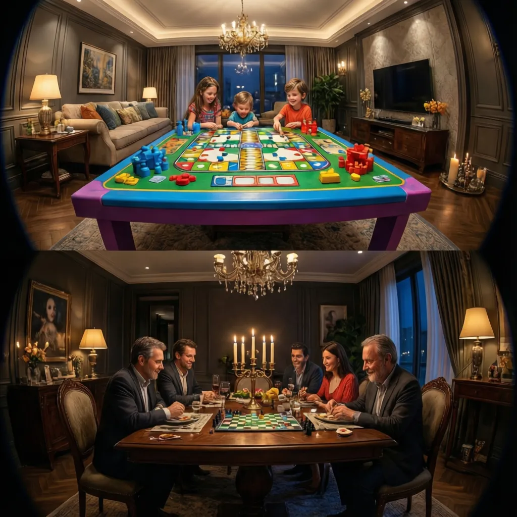 Comparison of colorful family game night setup and elegant adult game night table
