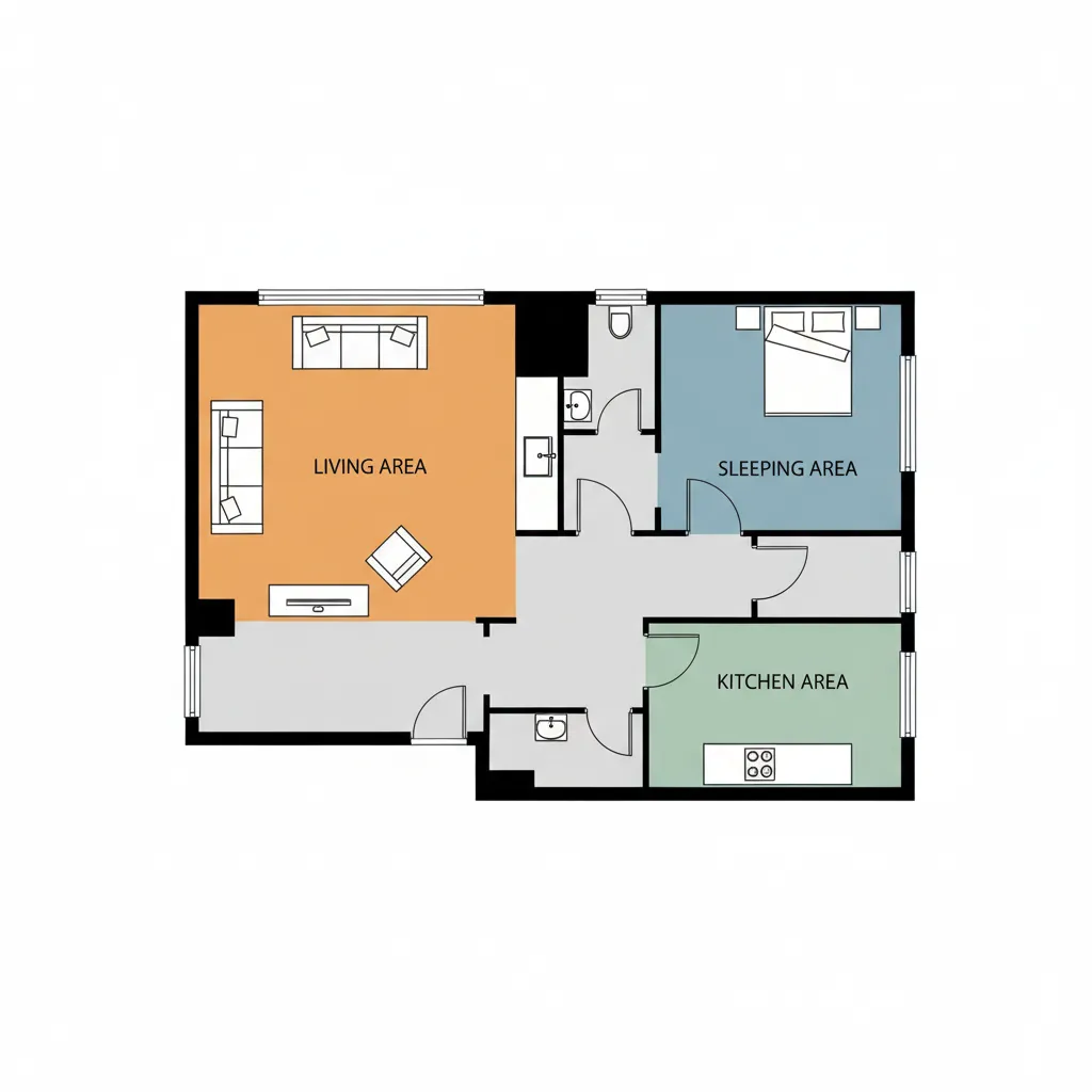 Zoning diagram showing living and bedroom areas in a 30 x 60 house
