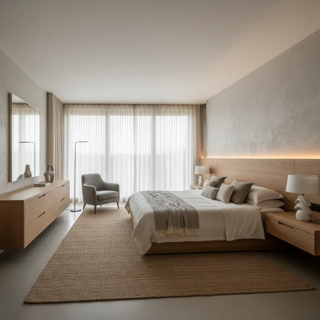 Bright bedroom with wood cabinet, grey chair, large window, white bedding, and soft wall lighting
