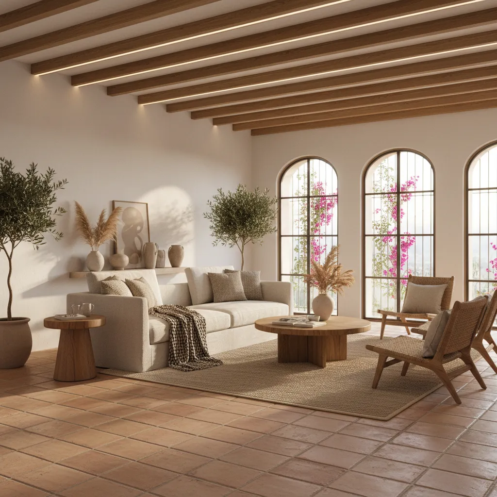 Mediterranean living room with terracotta floor wooden ceiling beams white sofa and three arched windows