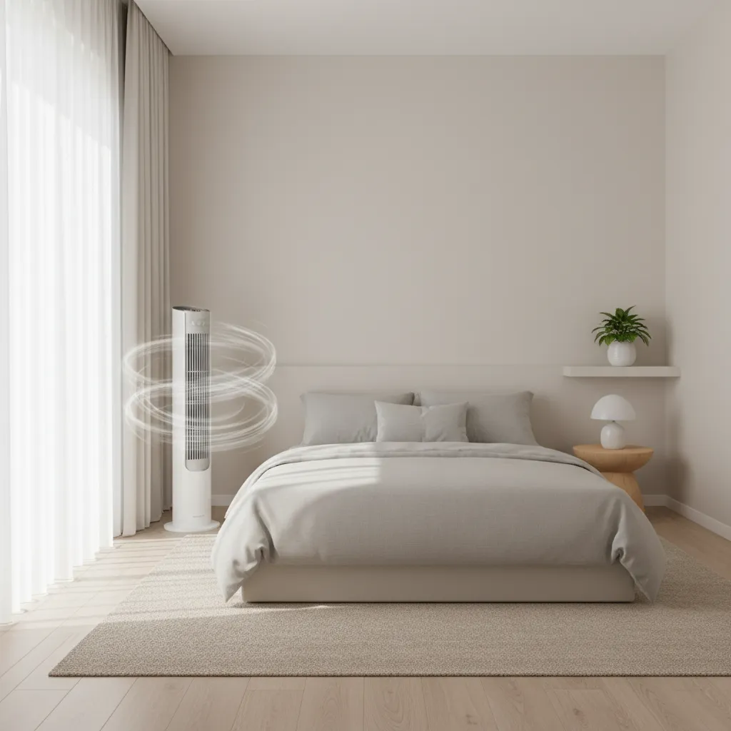 tower fan circulating air in a small bedroom for improved airflow