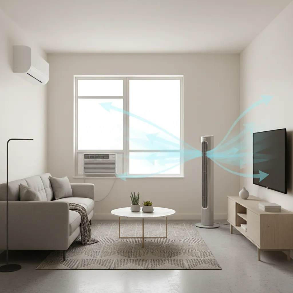 Standing fan helping distribute cool air from air conditioner across small apartment