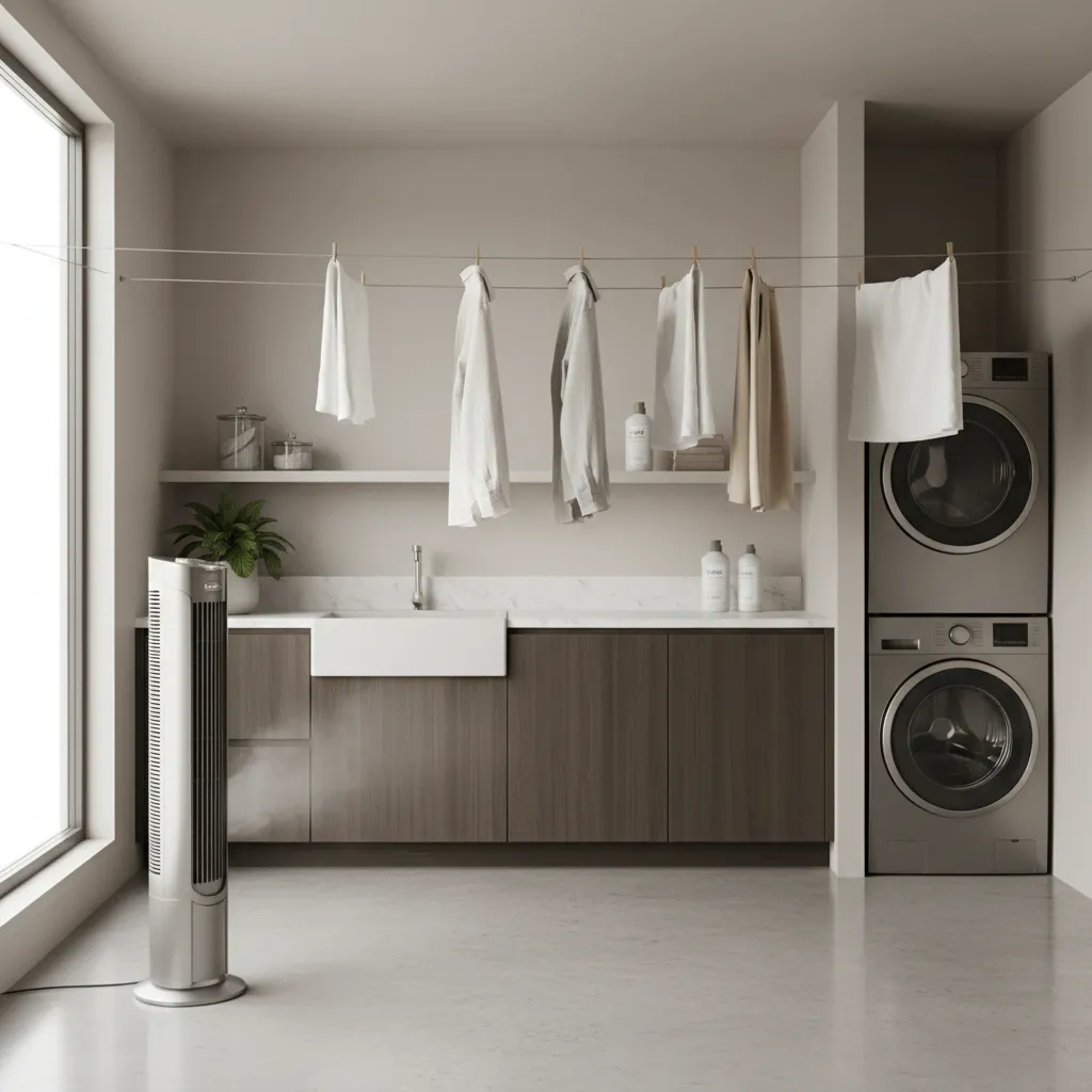 Fan circulating air toward indoor clothesline to improve drying time
