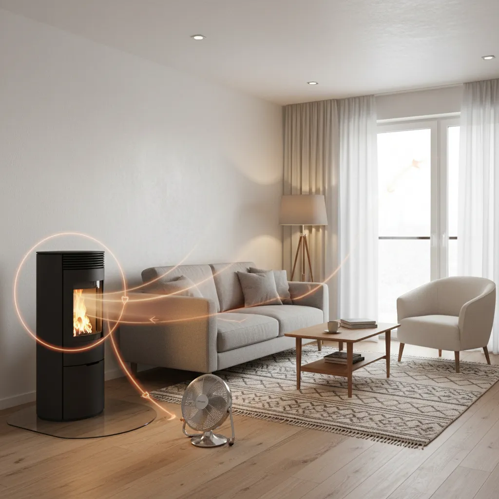 Small fan helping circulate pellet stove heat in living room