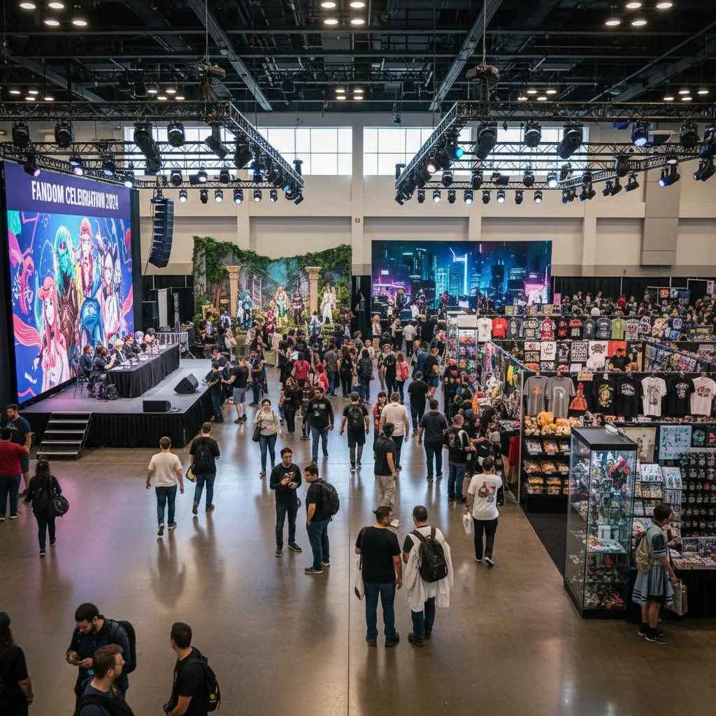 Fan convention event hall with stage panel area merchandise booths and open crowd zones