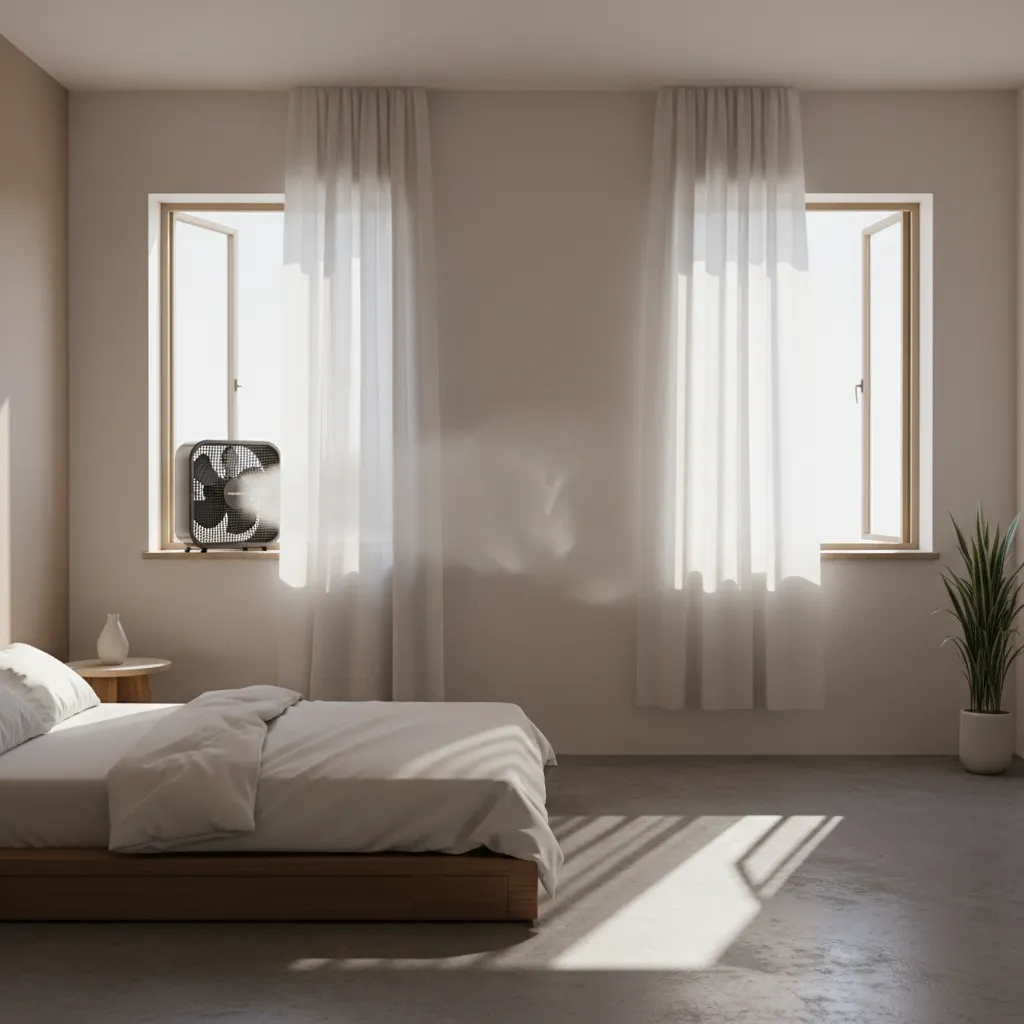 fan placed in window creating cross ventilation in small room