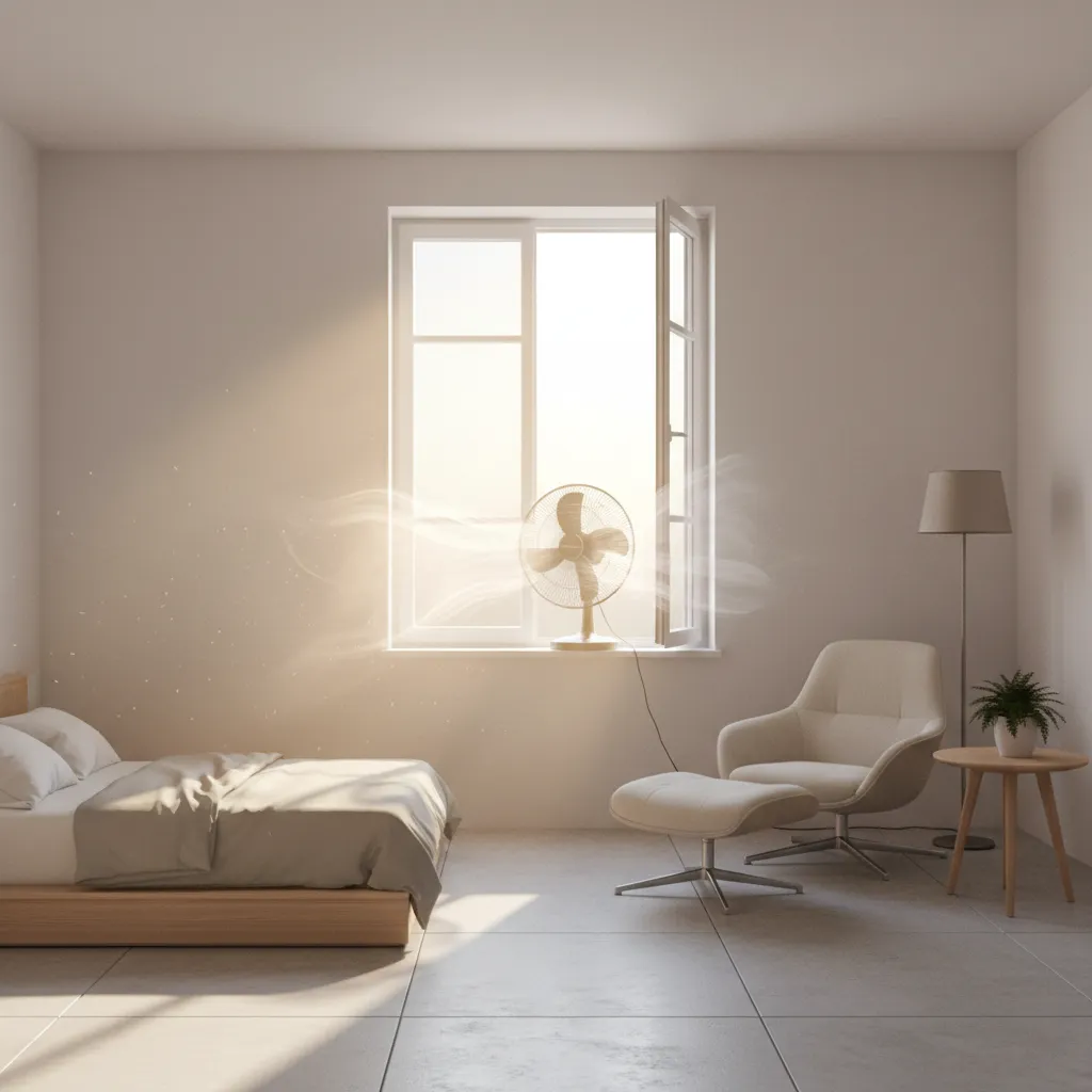 Fan positioned near window pushing hot air outside
