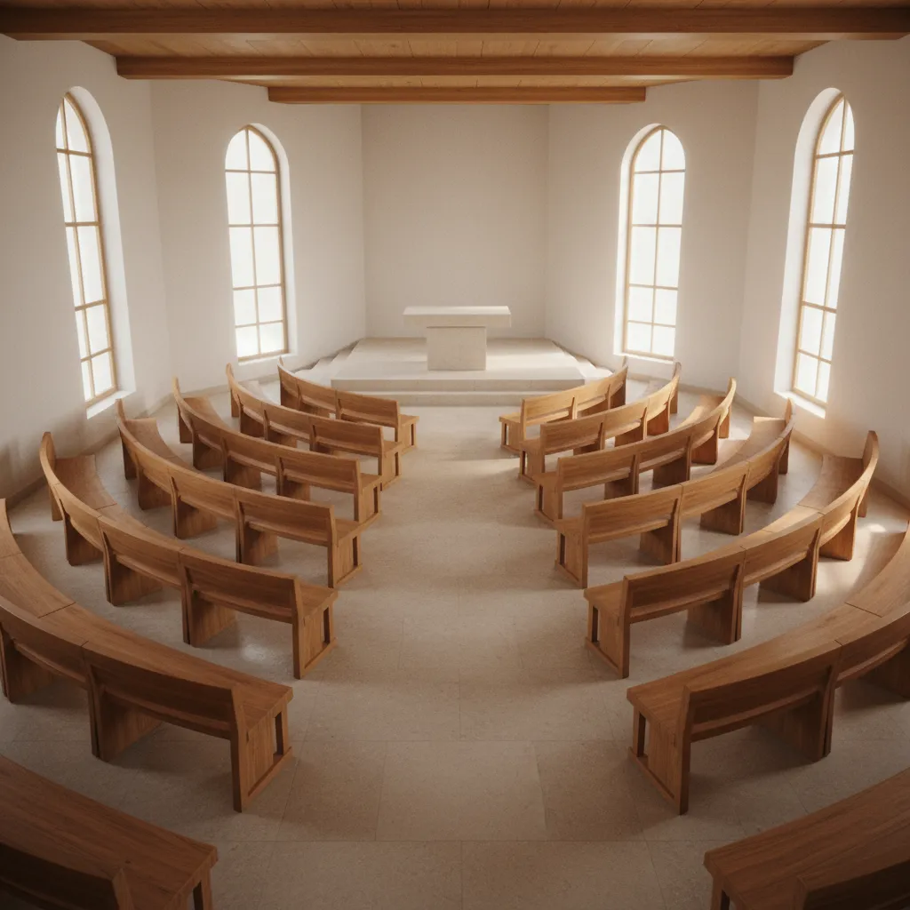 fan shaped chapel seating improving sightlines toward altar