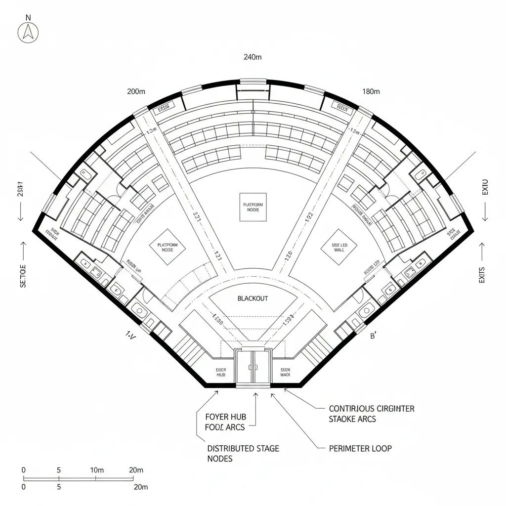 CAD plan of a fan-shaped auditorium with radial aisles and distributed stage nodes