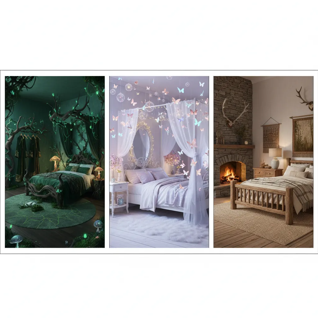 Comparison layout of enchanted forest fairycore and woodland bedroom elements