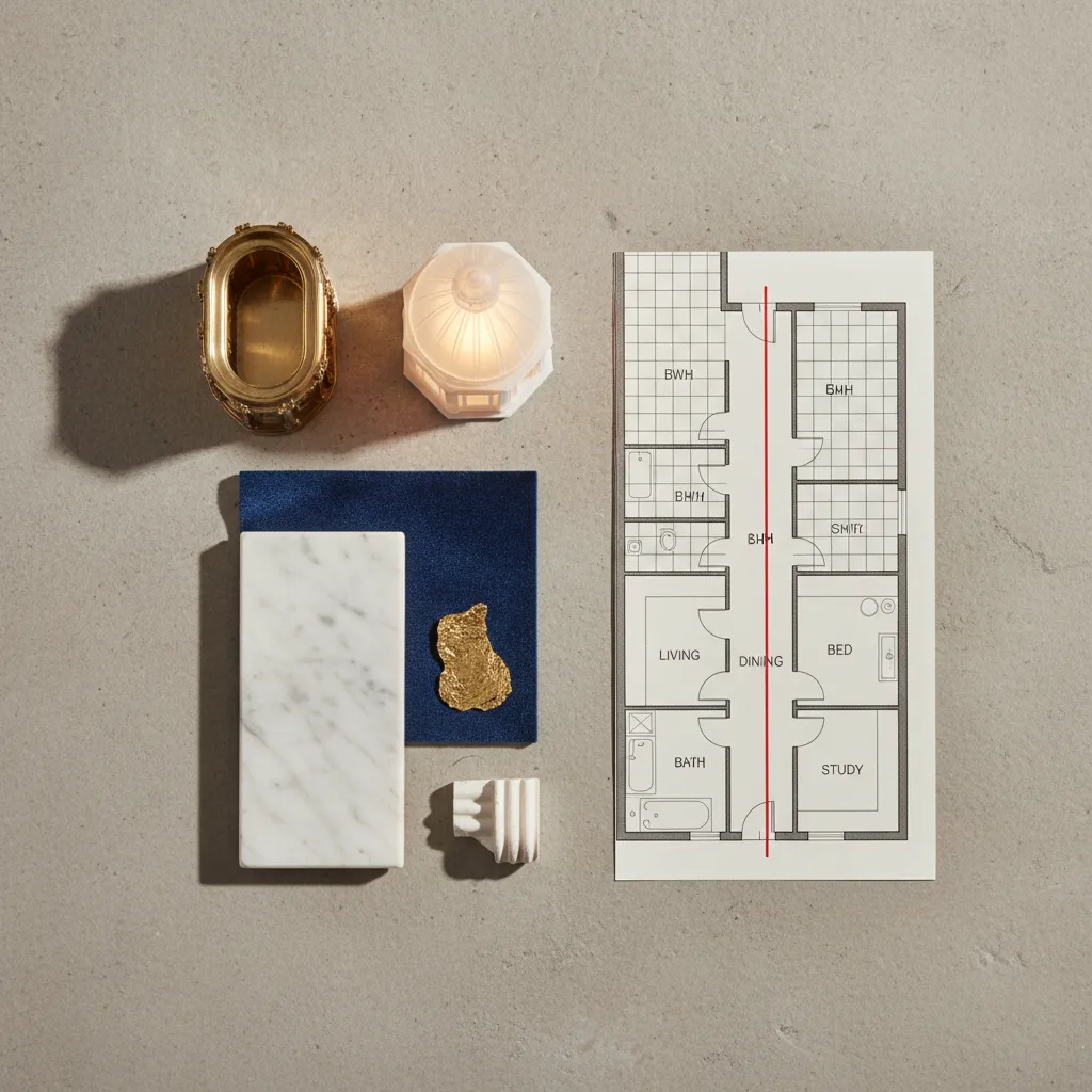 Top-down still life with an oval plan model, dome light study, and modern plan sample.