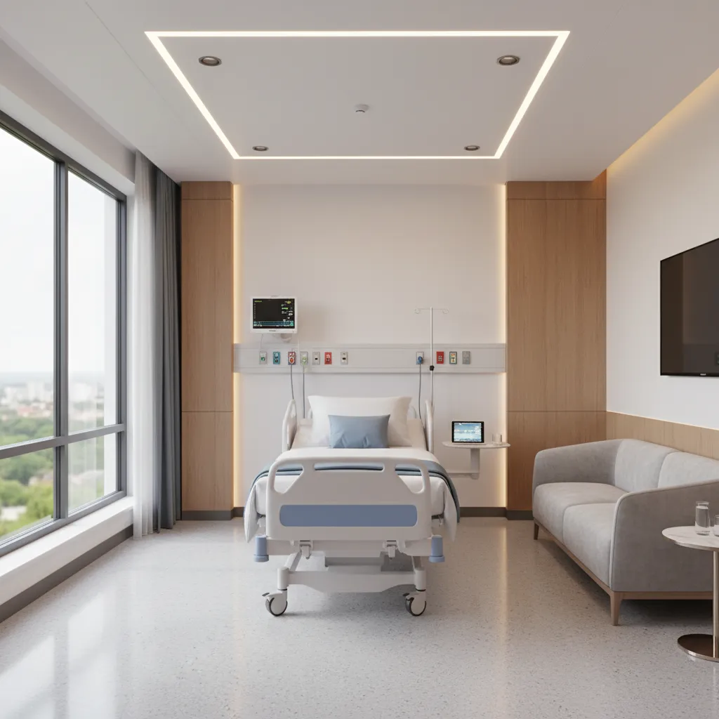 Modern hospital room with white medical bed grey sofa wood wall panels and large windows