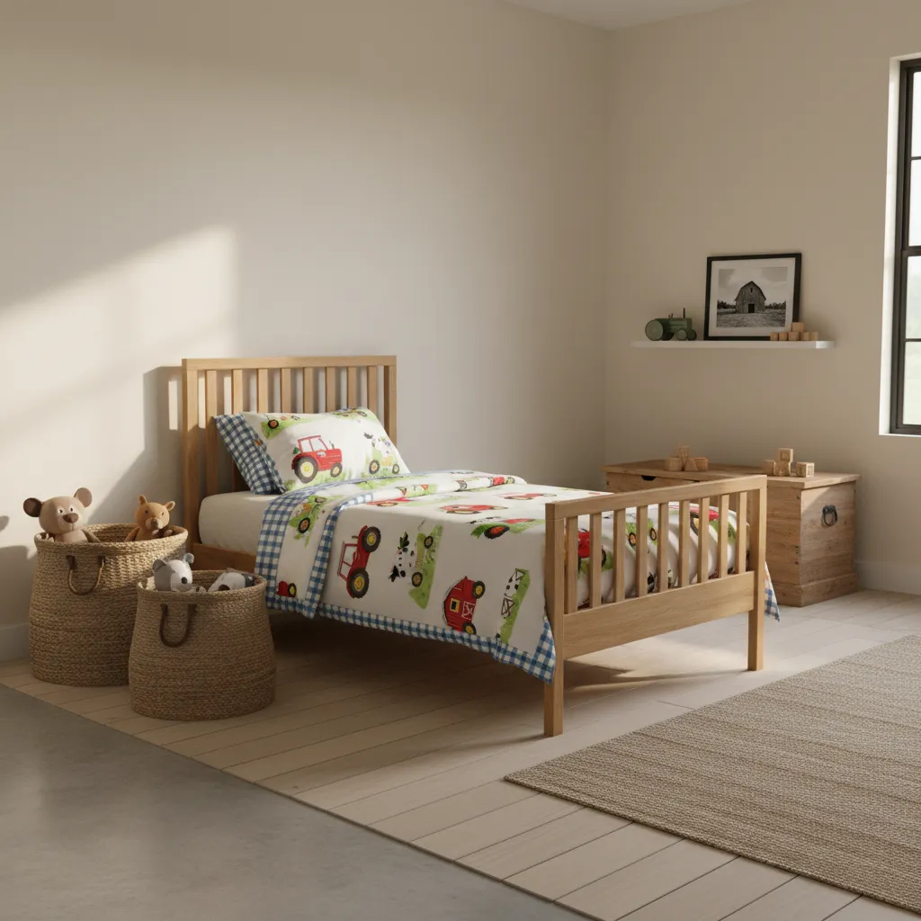 cozy farm themed kids bedroom with wooden furniture and tractor bedding