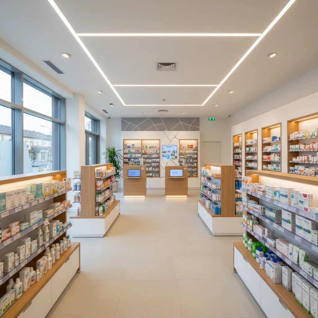Modern pharmacy interior design drawing showing wooden display shelves long ceiling lights and white counters
