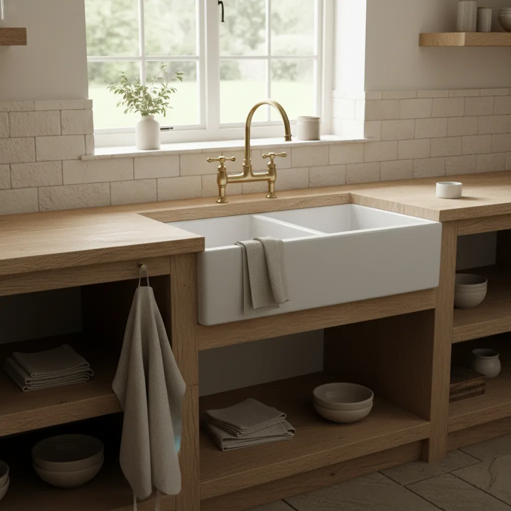 Farmhouse kitchen with apron front sink and brass faucet