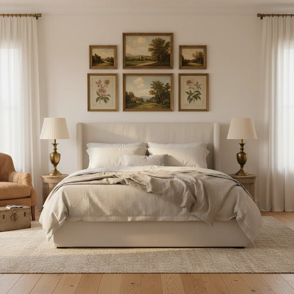 Farmhouse bedroom with upholstered bed and vintage decor accents