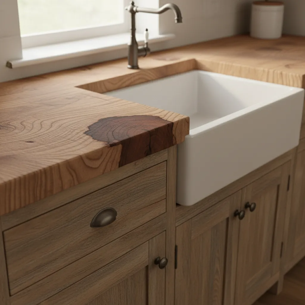 butcher block countertop with visible stain in farmhouse kitchen