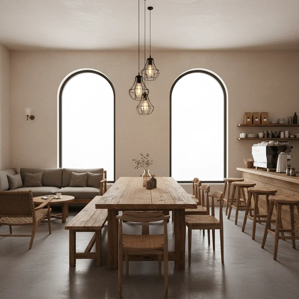 Cafe interior using clustered farmhouse pendant lights above communal tables