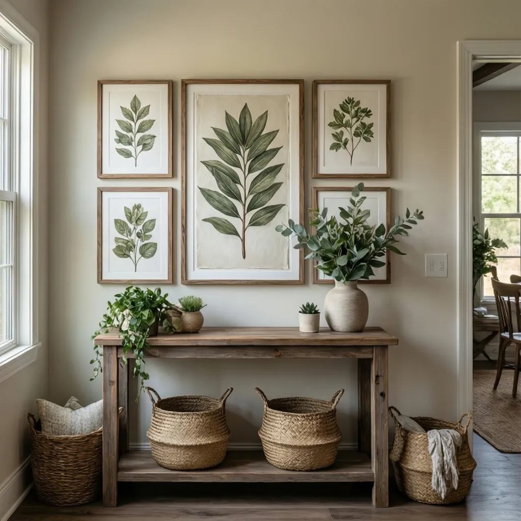 Farmhouse canvas wall art gallery with botanical prints