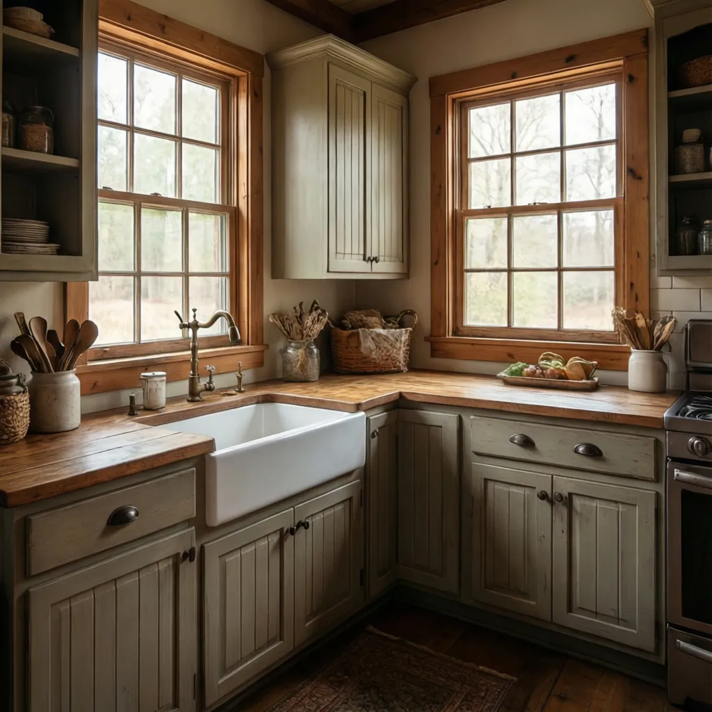 Farmhouse kitchen with apron sink placed in corner under two windows
