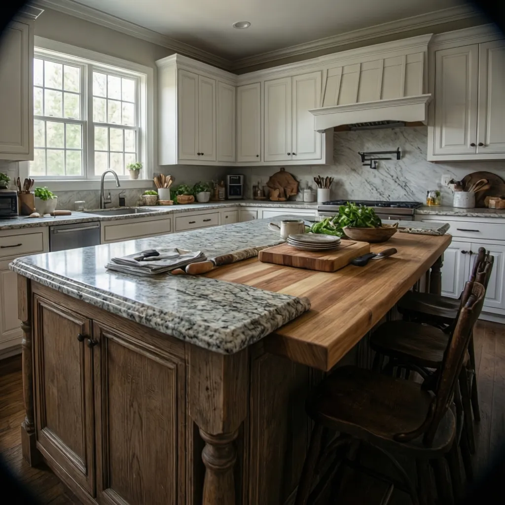Close view of quartz and butcher block countertops in farmhouse kitchen