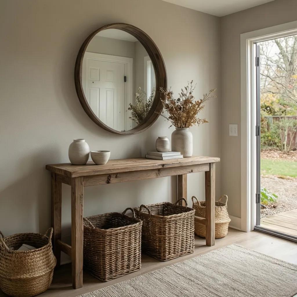 Farmhouse entryway with wood console table and round mirror