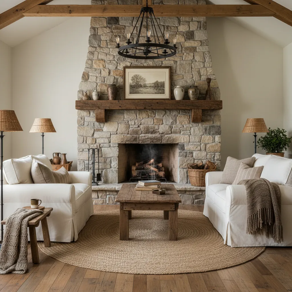 Chimenea de piedra en casa de campo americana