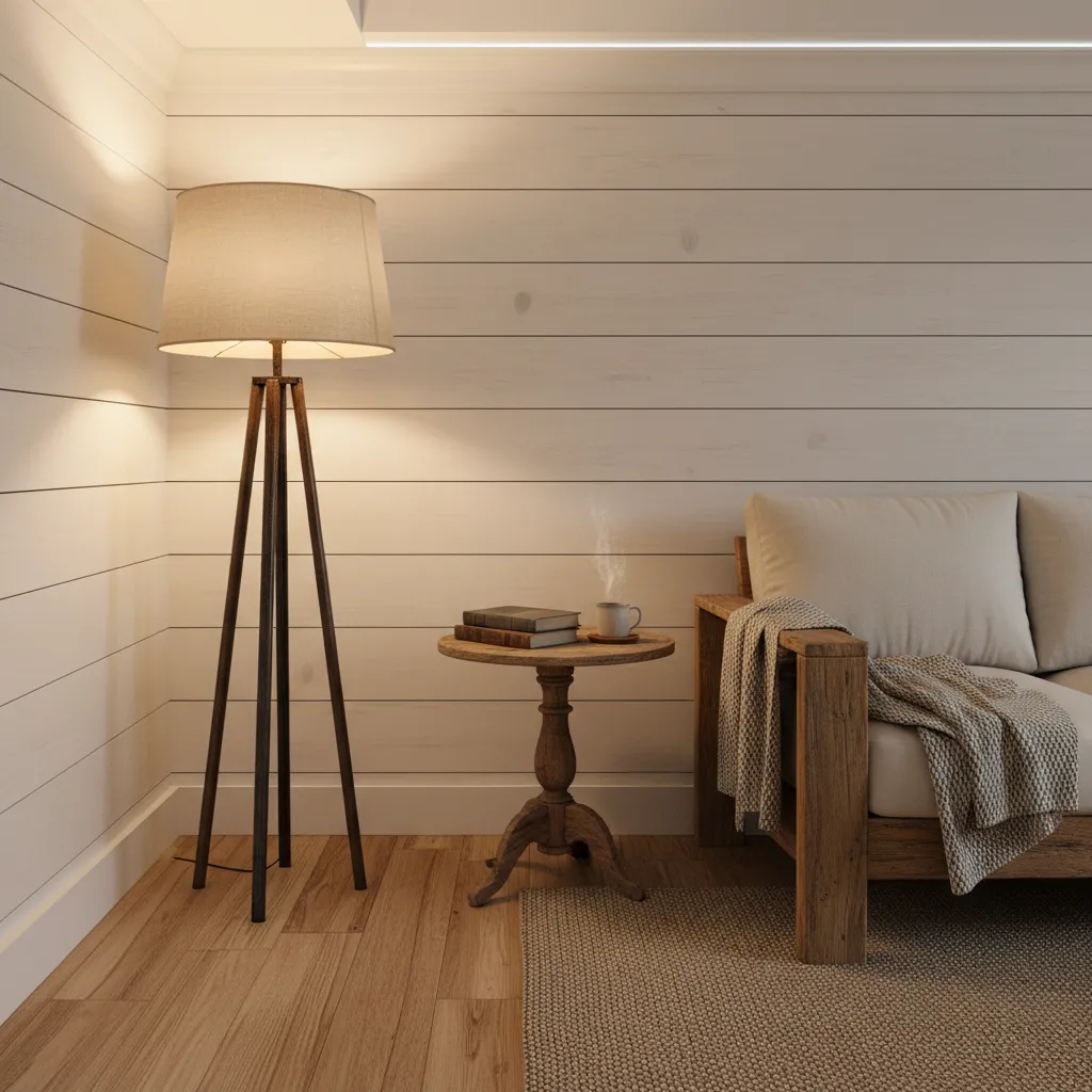 floor lamp placed in corner of rustic farmhouse living room to brighten dark area