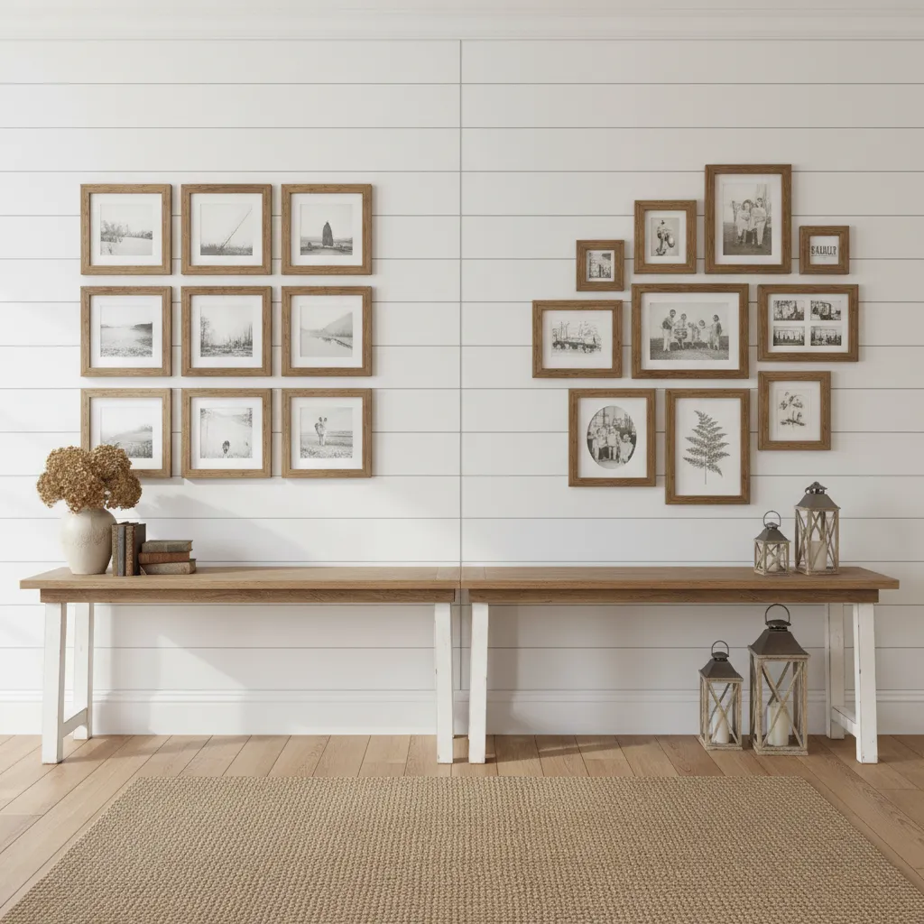 Comparison of grid layout and organic layout for farmhouse gallery walls