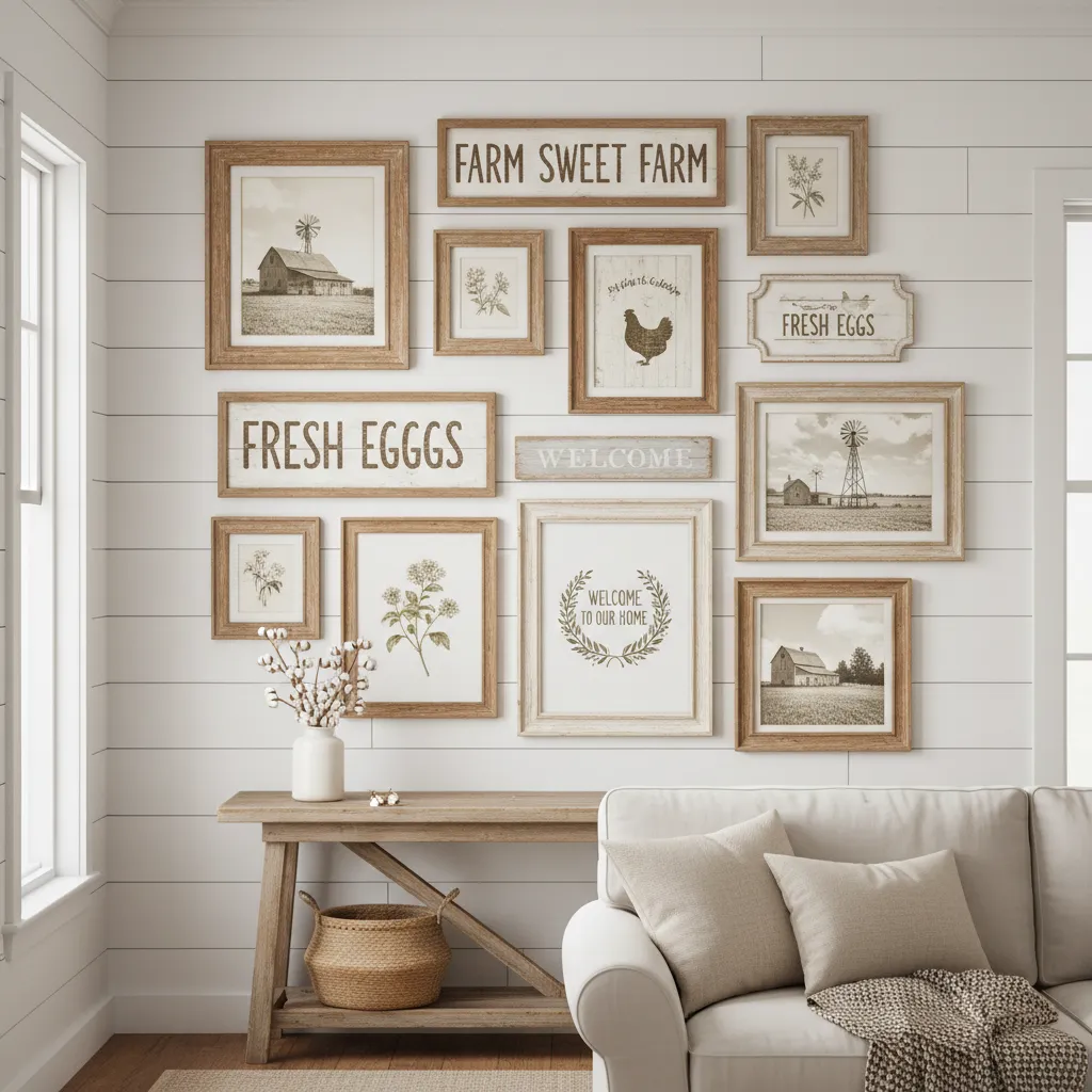 Farmhouse gallery wall with rustic wooden signs and vintage frames