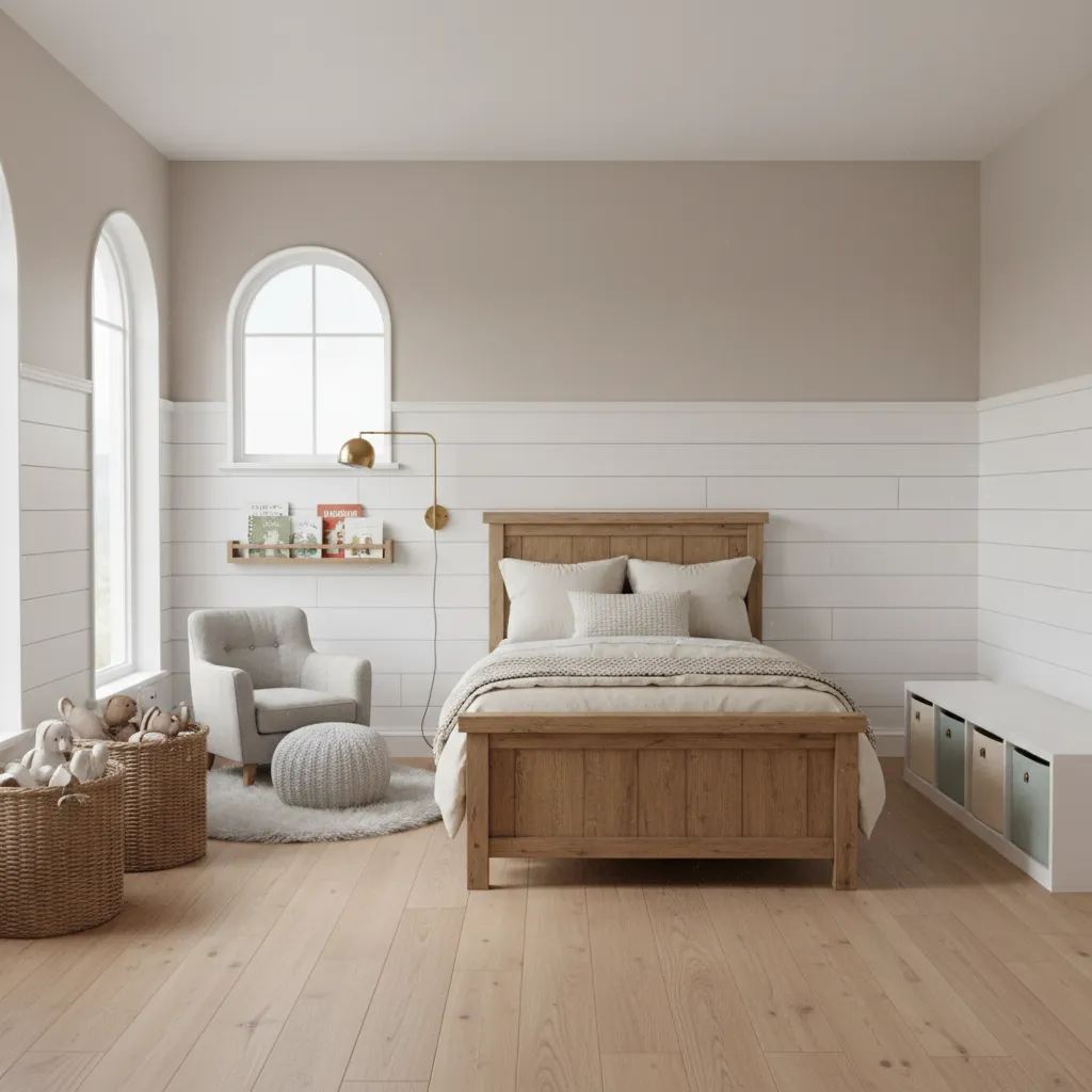 modern farmhouse kids bedroom layout with toy storage and reading corner