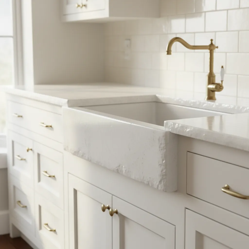 Farmhouse kitchen showing countertop edge profile and apron sink installation detail