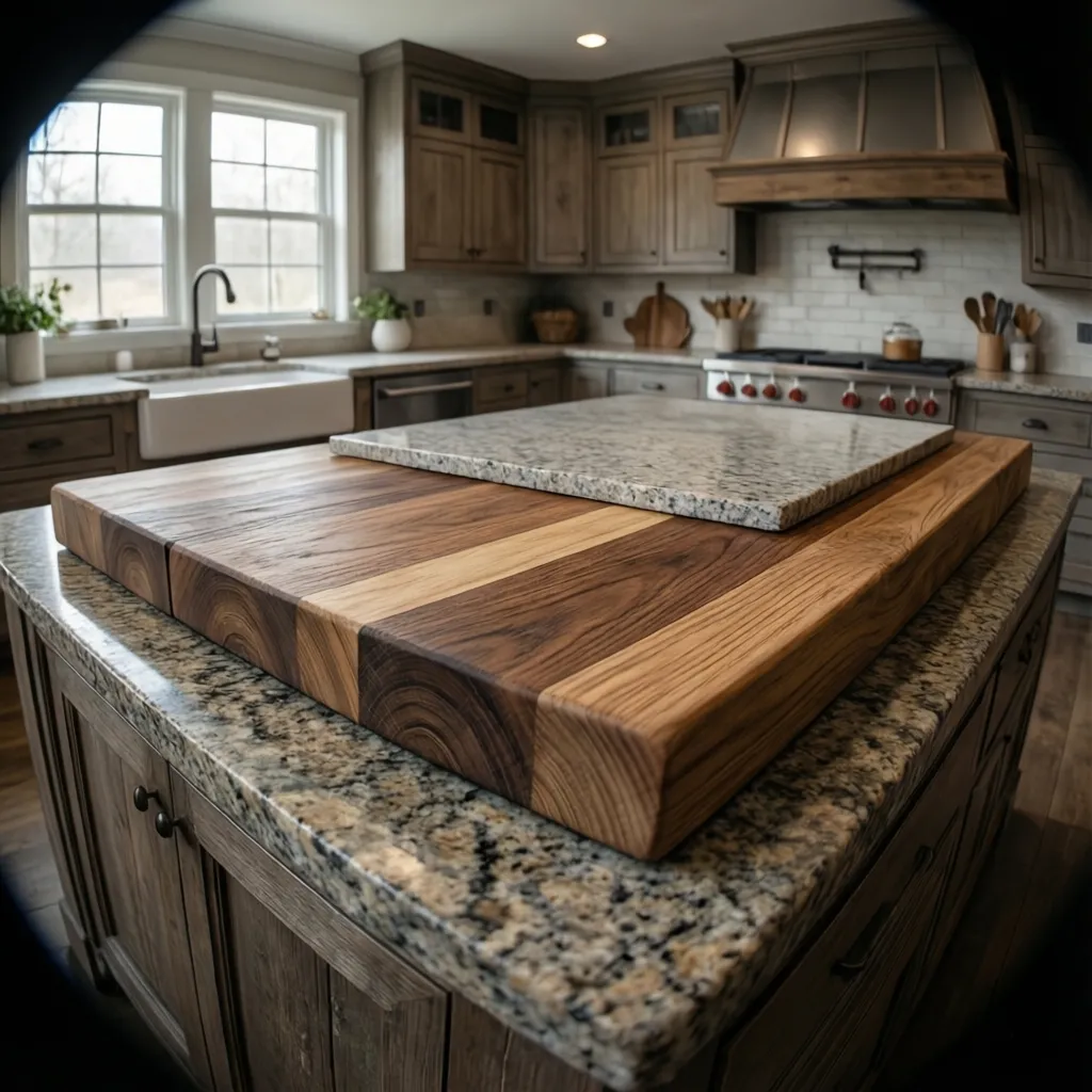 Different farmhouse countertop materials including butcher block quartz and granite in a kitchen display