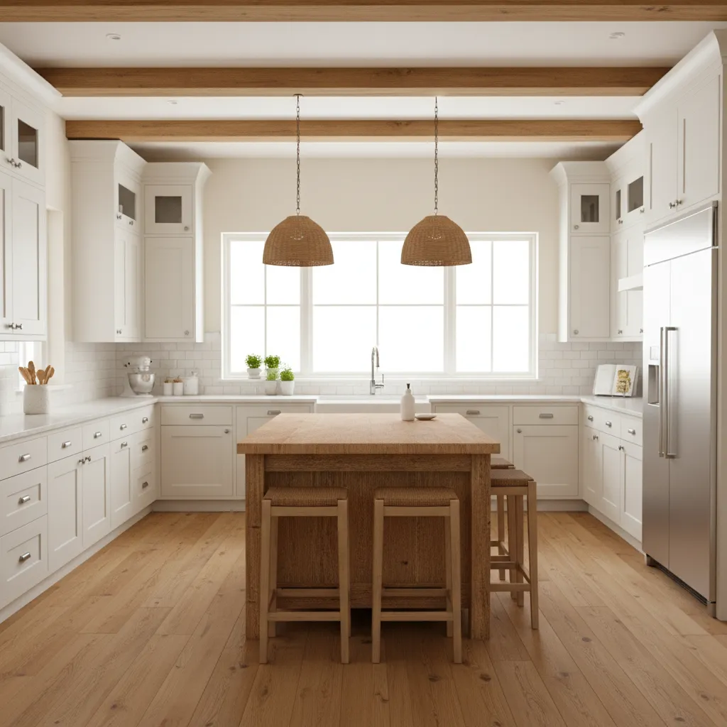 Bright modern farmhouse kitchen with quartz counters and wood island