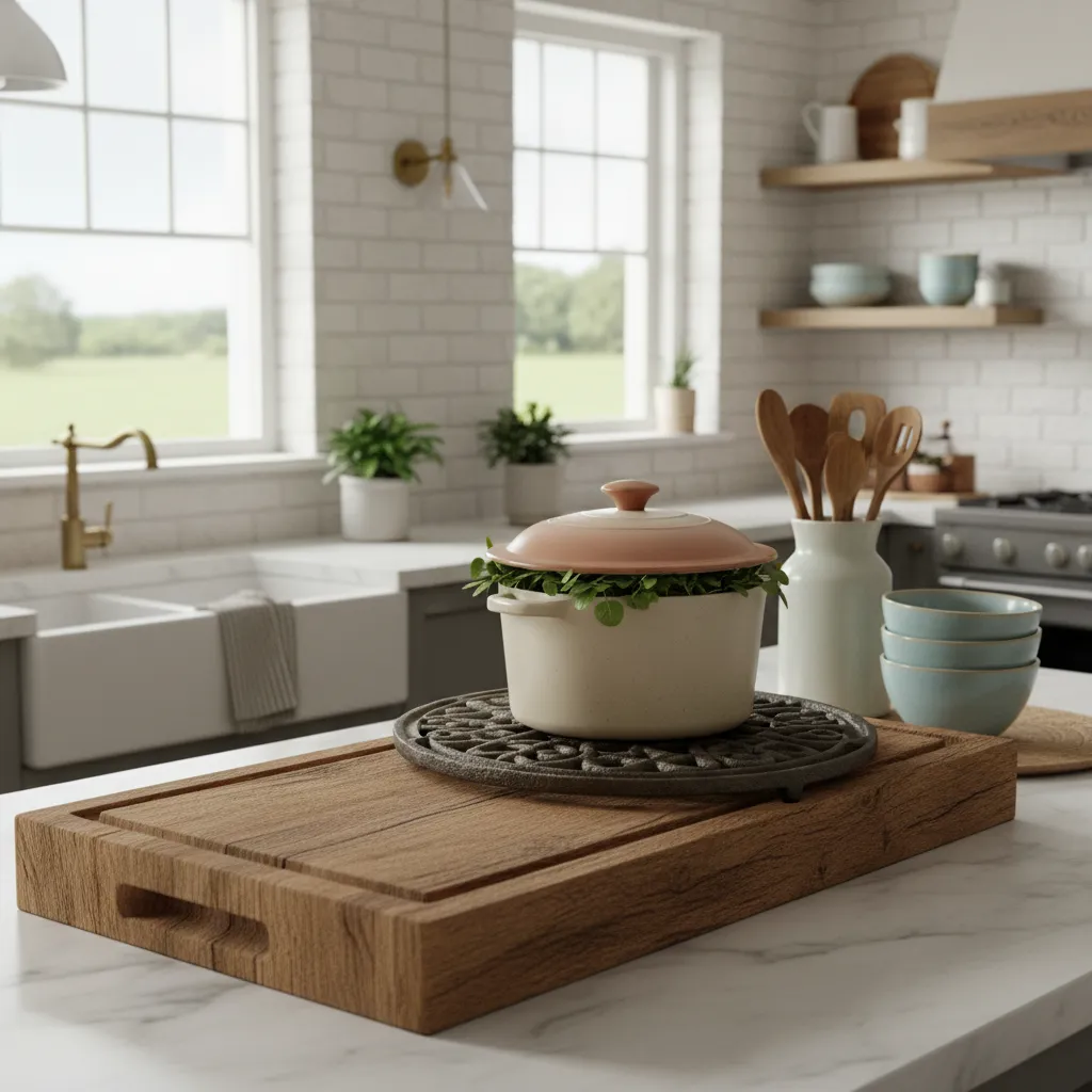 trivets and cutting boards protecting farmhouse kitchen countertops