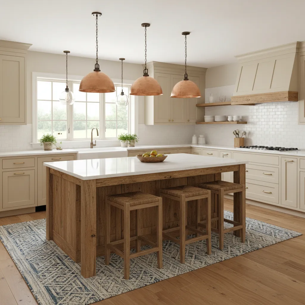 Cocina de casa de campo americana con isla central grande