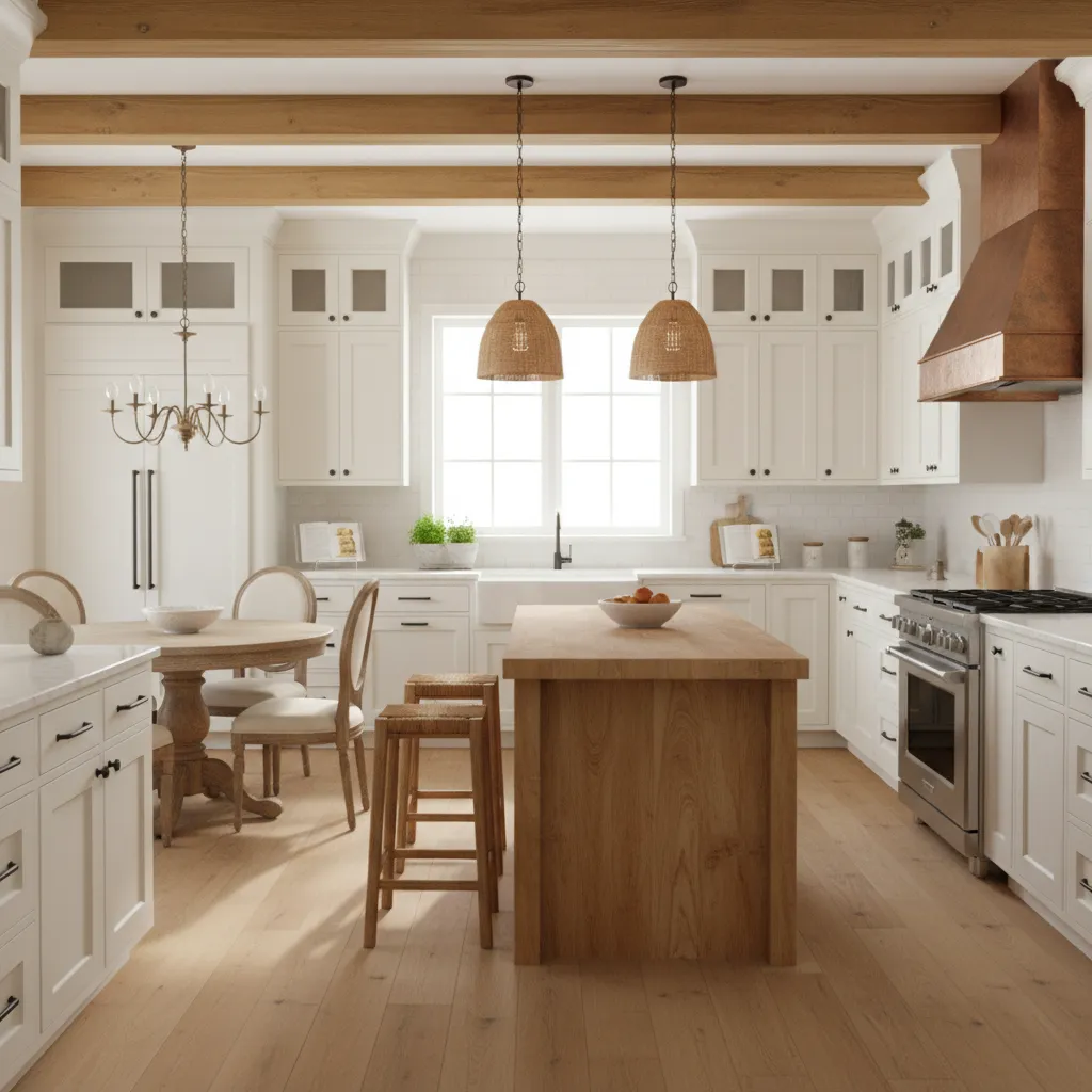 Farmhouse kitchen with quartz perimeter countertops and butcher block island
