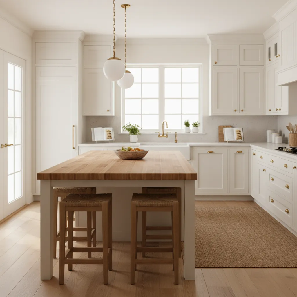 bright farmhouse kitchen with wood island countertop and light quartz counters