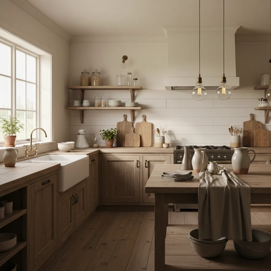 Rustic farmhouse kitchen styling with vintage pottery and wood accents