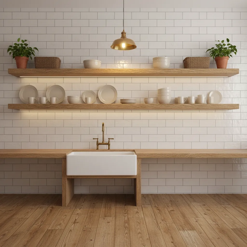 Farmhouse kitchen with wooden floating shelves and white subway tile backsplash