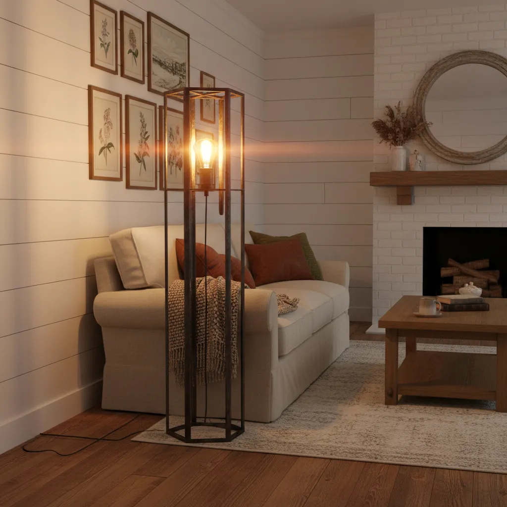 Rustic lamp with exposed bulb creating glare near a sofa
