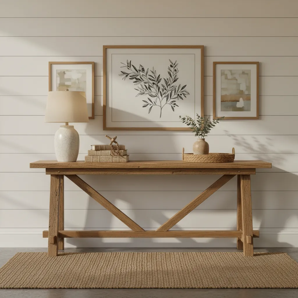 Farmhouse table lamp styled on rustic console table