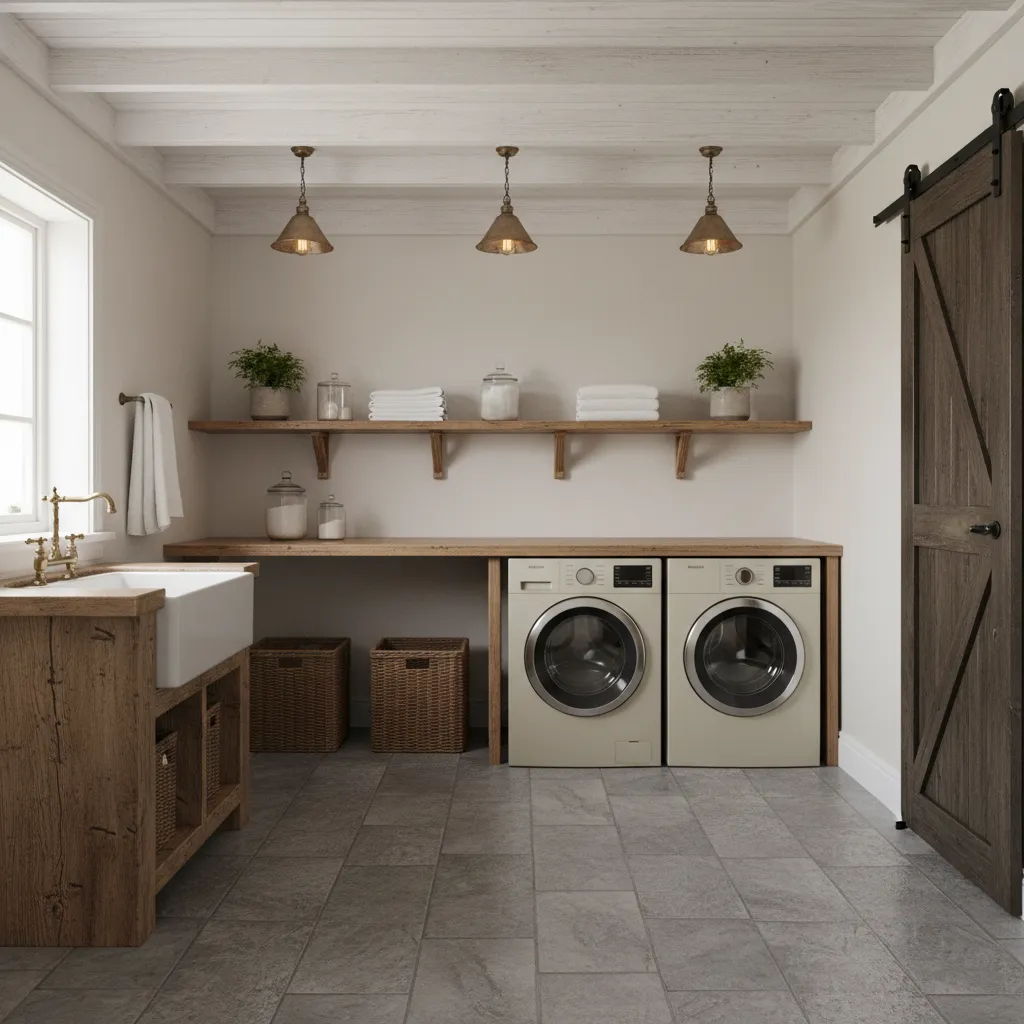 Example layout of farmhouse laundry room with multiple ceiling lights