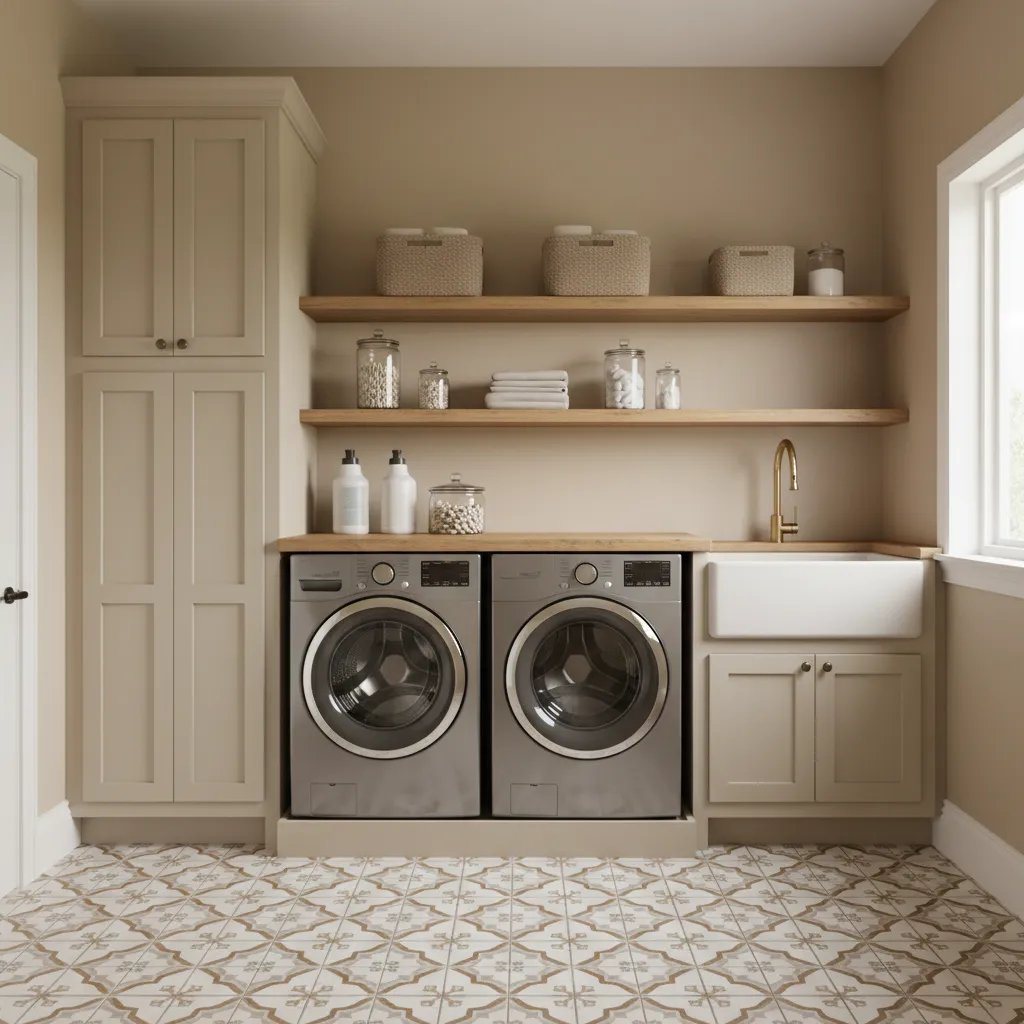 Farmhouse laundry room with grey washing machines, patterned floor tiles, wooden shelves, and white sink