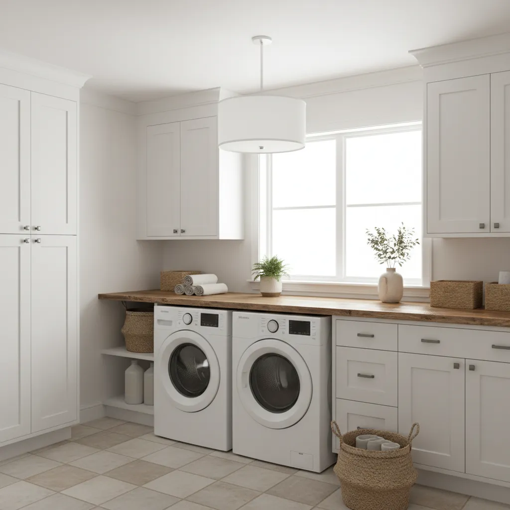 Bright farmhouse laundry room with ceiling light and folding station
