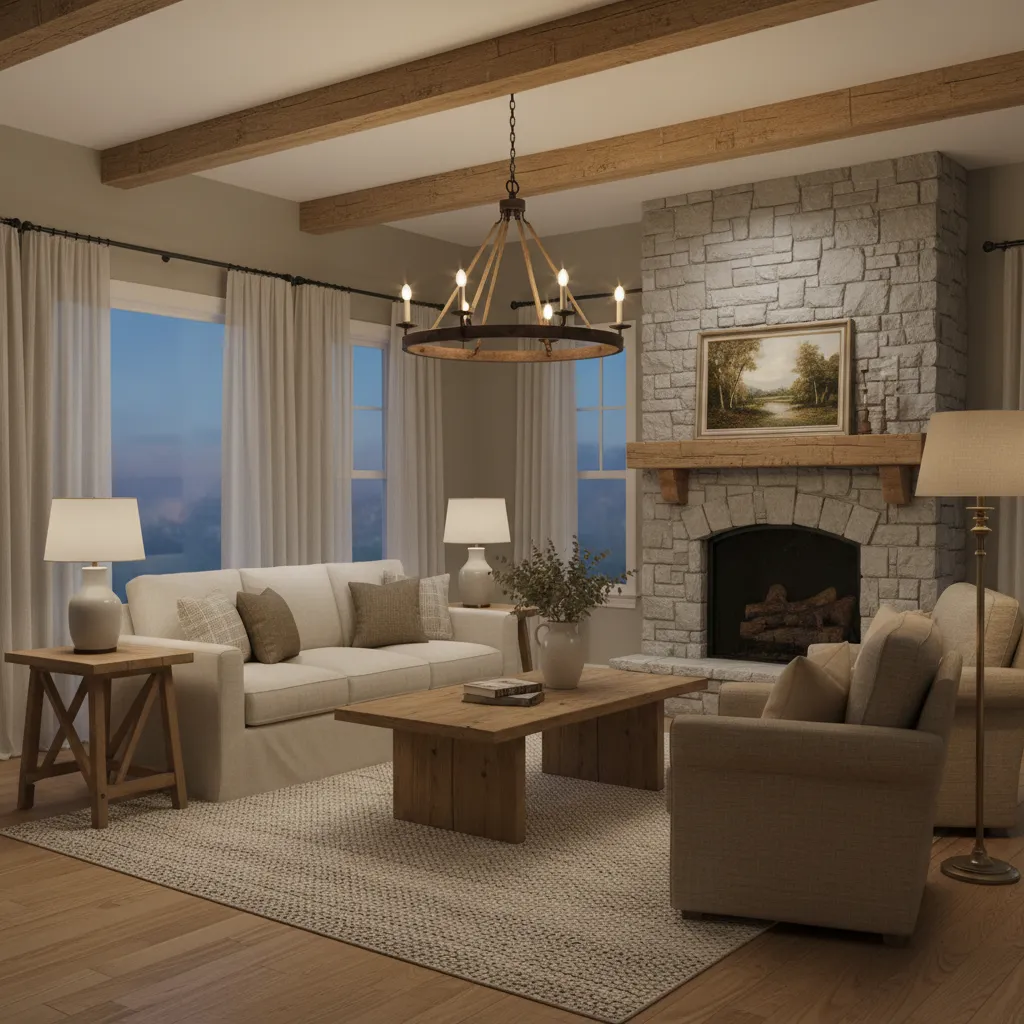 farmhouse living room showing layered lighting with ceiling light table lamps and floor lamp