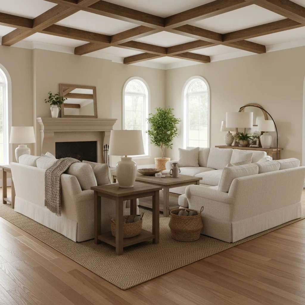 Farmhouse living room using both table lamps and floor lamps