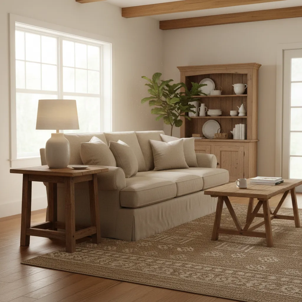 farmhouse living room with rustic table lamp beside sofa