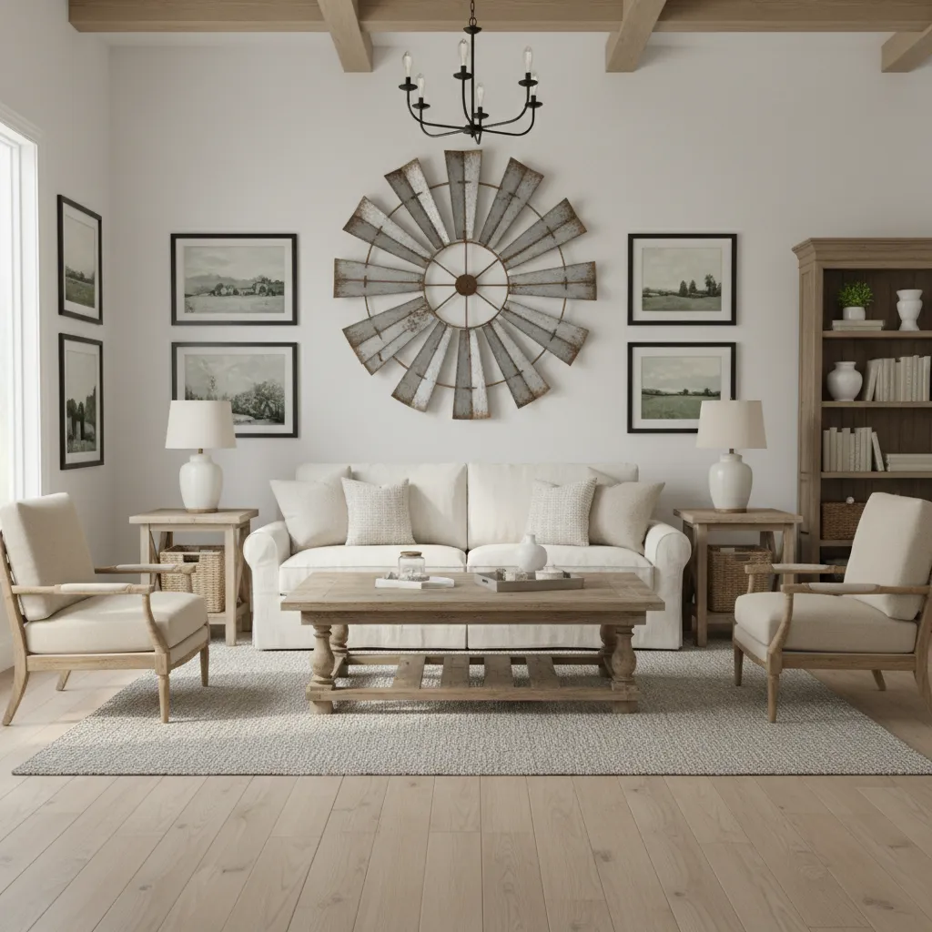Farmhouse living room layout showing windmill decor placement