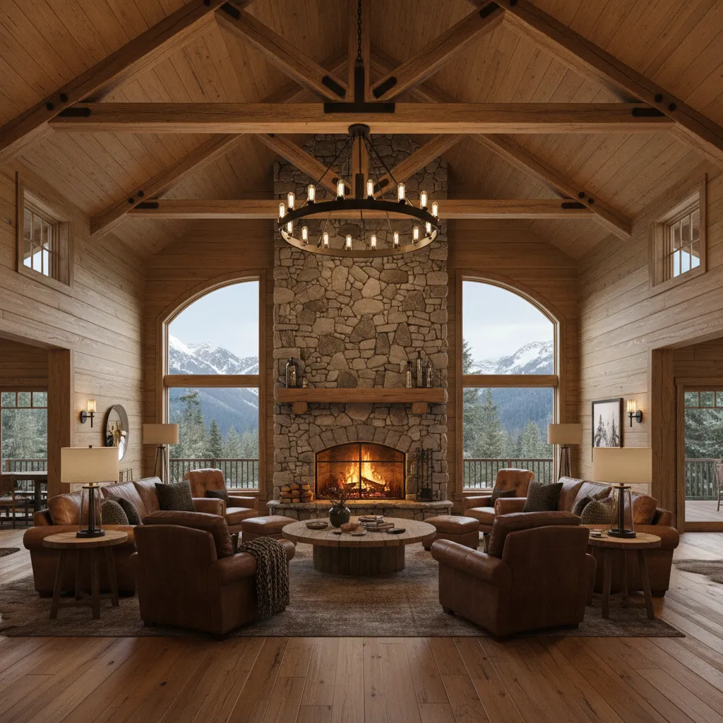 Large farmhouse chandelier lighting a rustic lodge living space